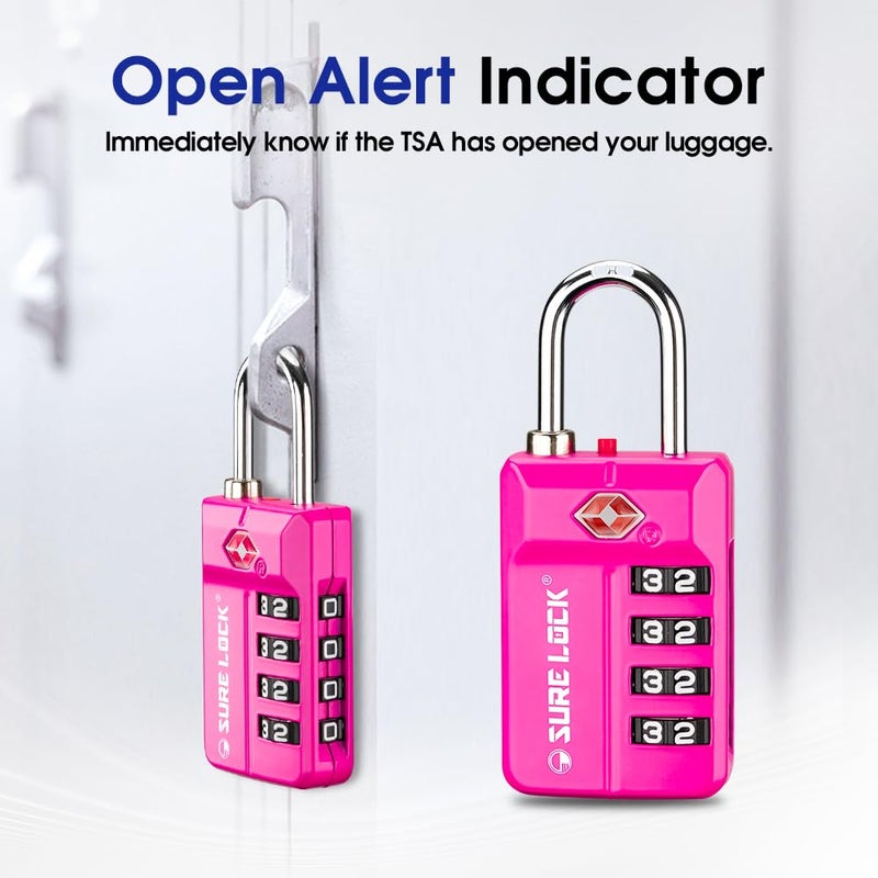 SURE LOCK TSA Approved 4-Digit Resettable Combination Luggage Locks with Open Alert, Easy-Read Dials - for Luggage, School Lockers, Gym, Office, Toolbox & Security Cases (Pink 1 Pack) - Image 3